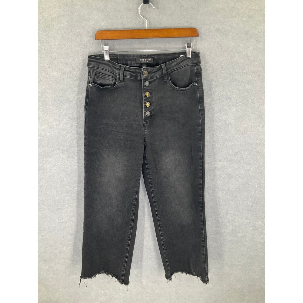 Judy Blue Womens 31 Black Wash Denim Button Fly Cropped Jeans Frayed Hem